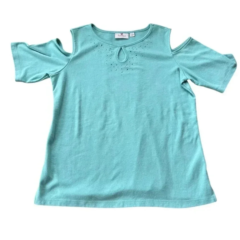 Quacker Factory Size Medium Teal‎ Crew Neck Open Shoulder Sleeve Top Tee Studs